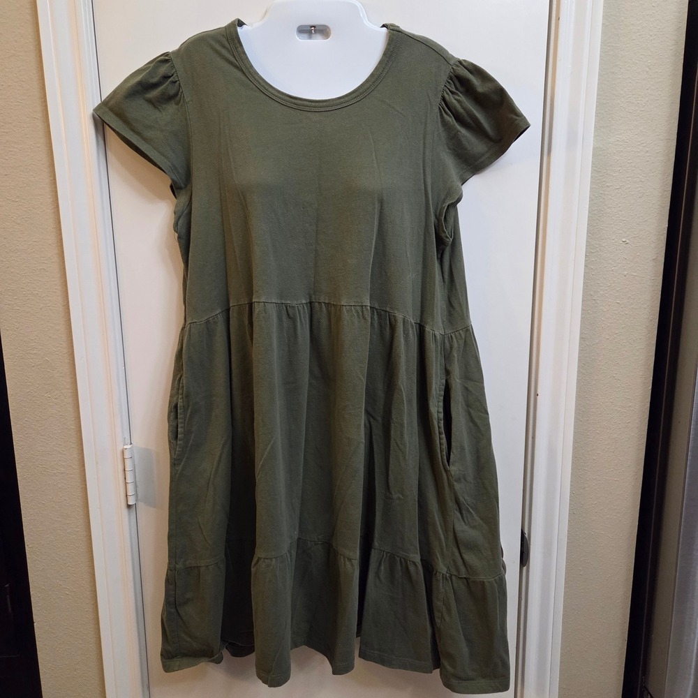 Time and Tru Olive Green Cotton Tiered Midi Dress Flutter Sleeve Pockets Medium